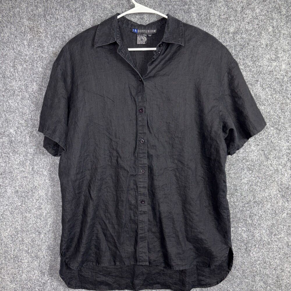 I.B Diffusion Blouse  Womens Size 12 Black Linen Lagenlook